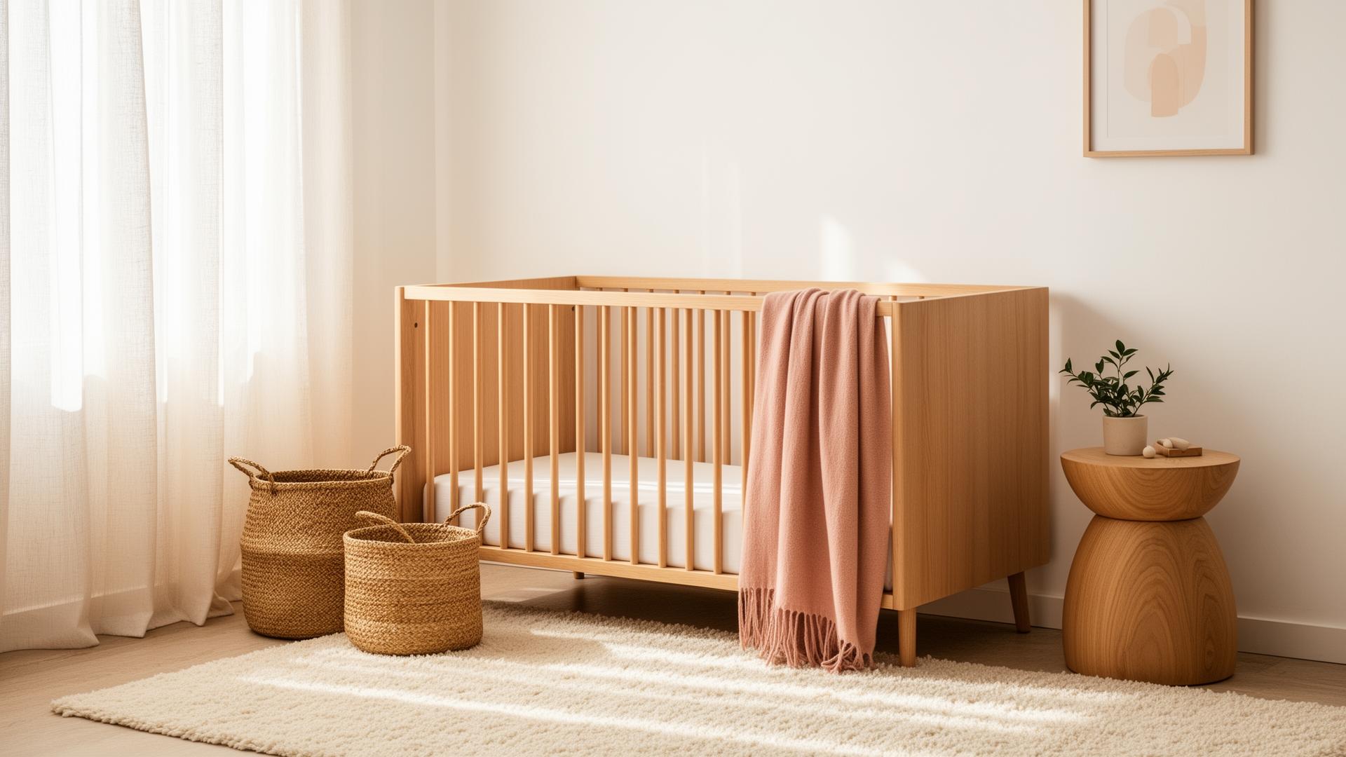 Soft Scandi nursery with light oak cot, cream rug and sheer linen curtains